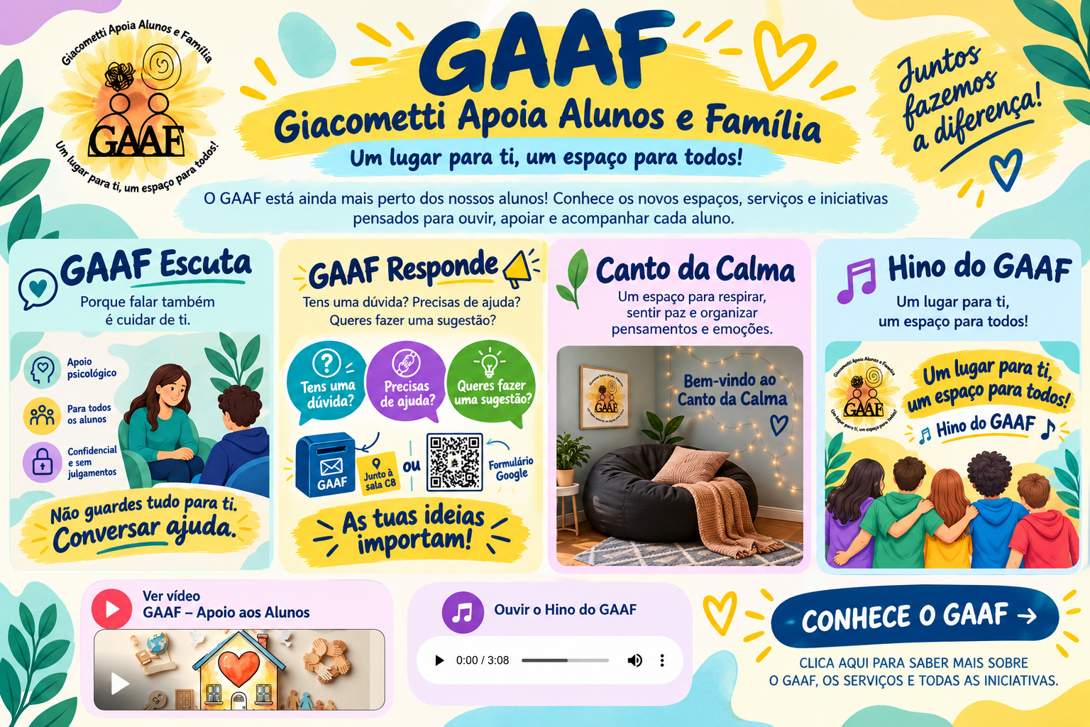 Cartaz do GAAF - Giacometti Apoia Alunos e Família. O GAAF está ainda mais perto dos nossos alunos! Apresenta o GAAF Escuta, GAAF Responde, Canto da Calma e Hino do GAAF.
