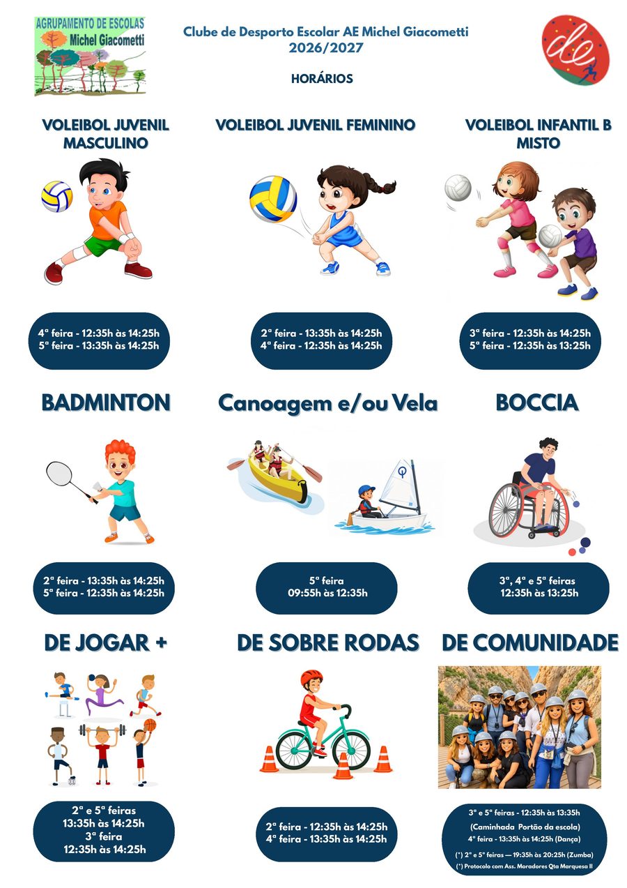 Cartaz do Clube de Desporto Escolar AE Michel Giacometti 2026/2027 com horários de Voleibol Juvenil Masculino, Voleibol Juvenil Feminino, Voleibol Infantil B Misto, Badminton, Canoagem e/ou Vela, Boccia, De Jogar+, De Sobre Rodas e De Comunidade.